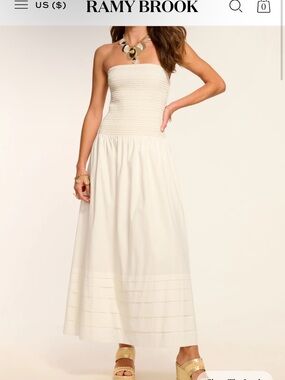 Ramy Brook Cream Strapless Smocked Maxi Dress